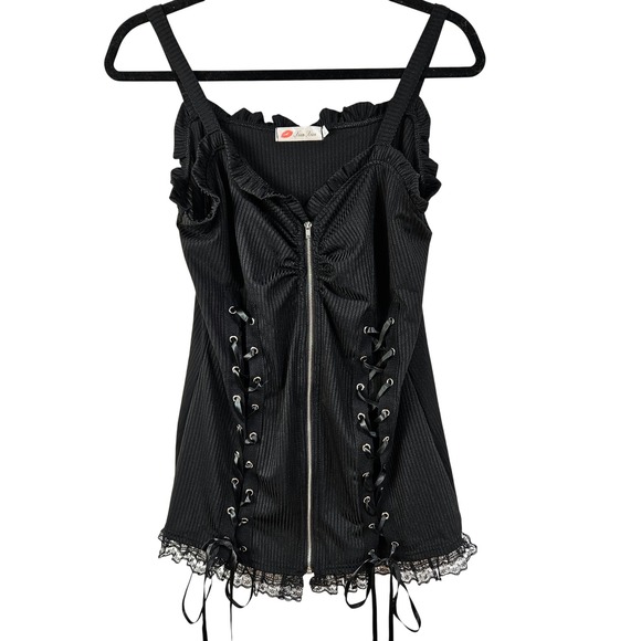 Women Tops - Whimsigoth Black Lace Up Corset Zipper Ribbed Camisole XL Romance Grunge Emo Top